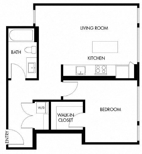 Floor plan for 1 bed, 1 bath, 677 sqft